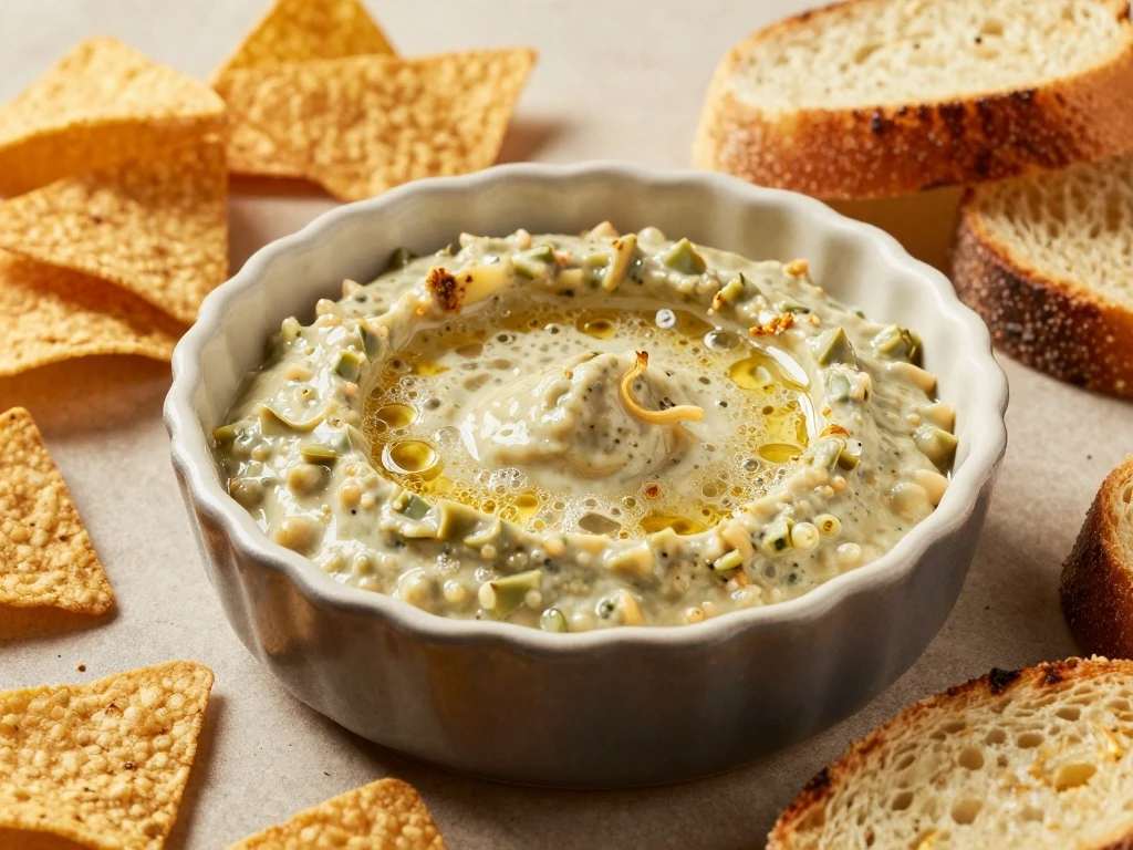 Creamy Mexican artichoke dip served with tortilla chips and toasted bread