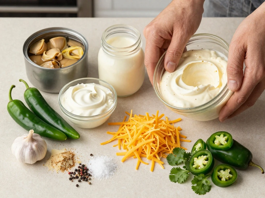 Ingredients for easy creamy Mexican artichoke dip