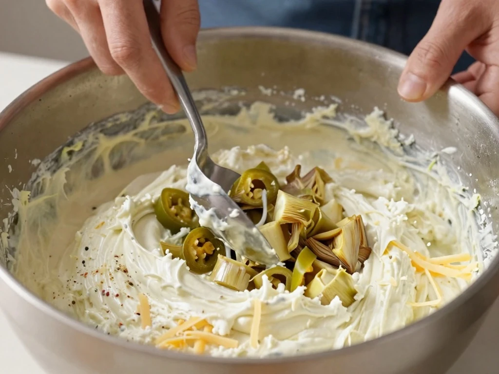Mixing the creamy artichoke dip ingredients in a bowl