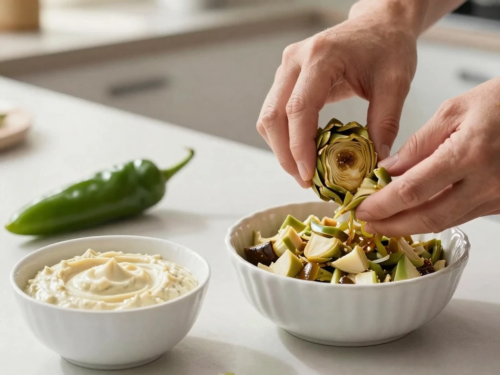 Drained artichokes and green chiles prepared for creamy dip