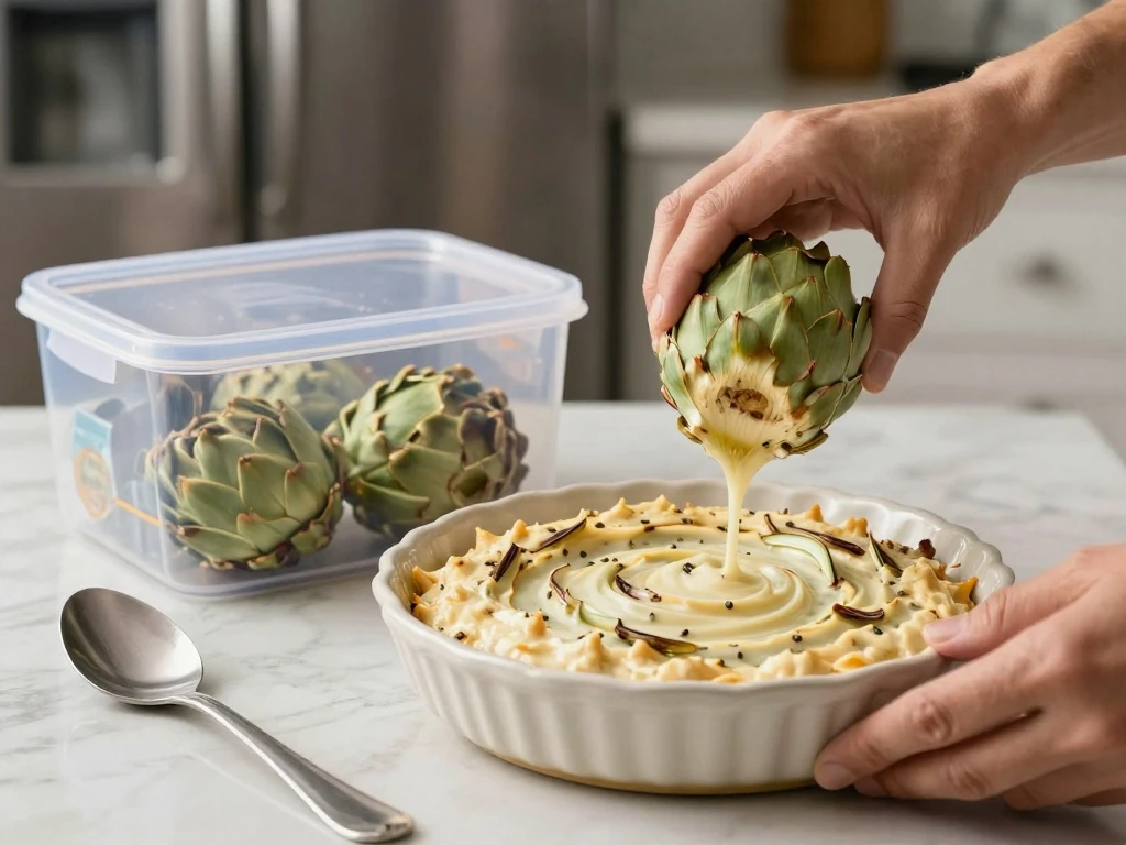 Make-ahead creamy Mexican artichoke dip ready for baking