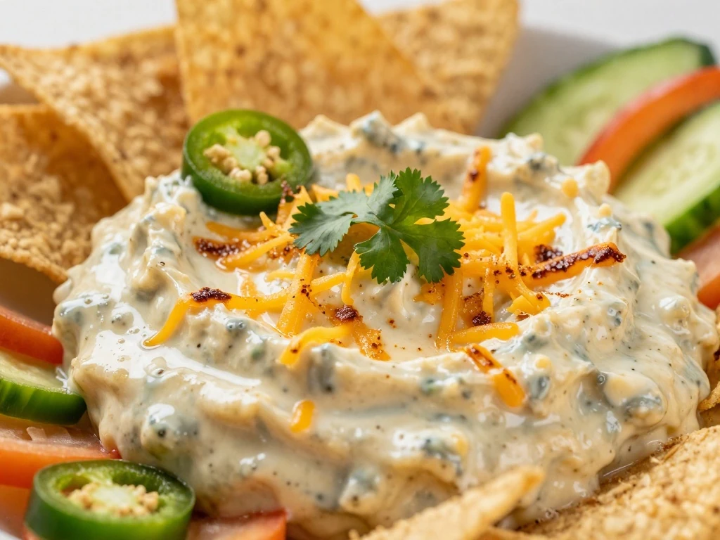 Close-up of bubbling Mexican artichoke dip with cilantro and jalapeño
