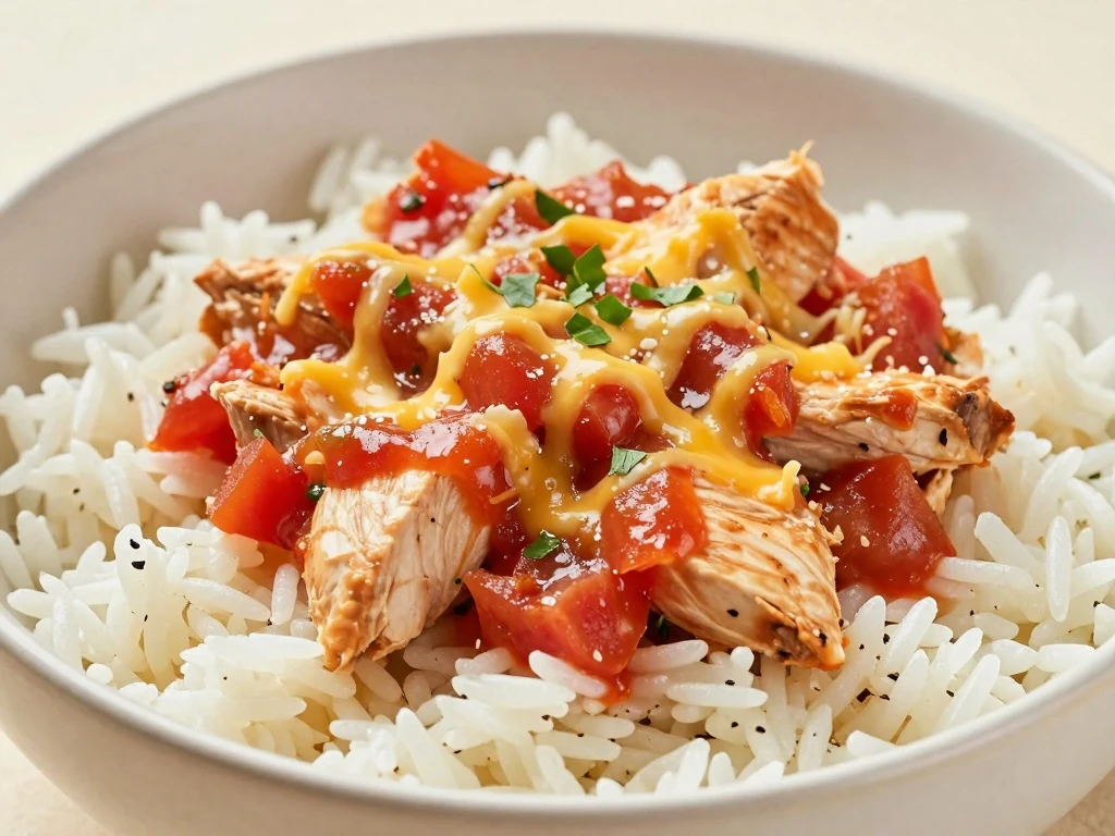 Creamy salsa chicken served over rice with melted cheese and fresh herbs