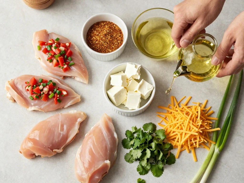 Ingredients for easy creamy salsa chicken arranged for cooking