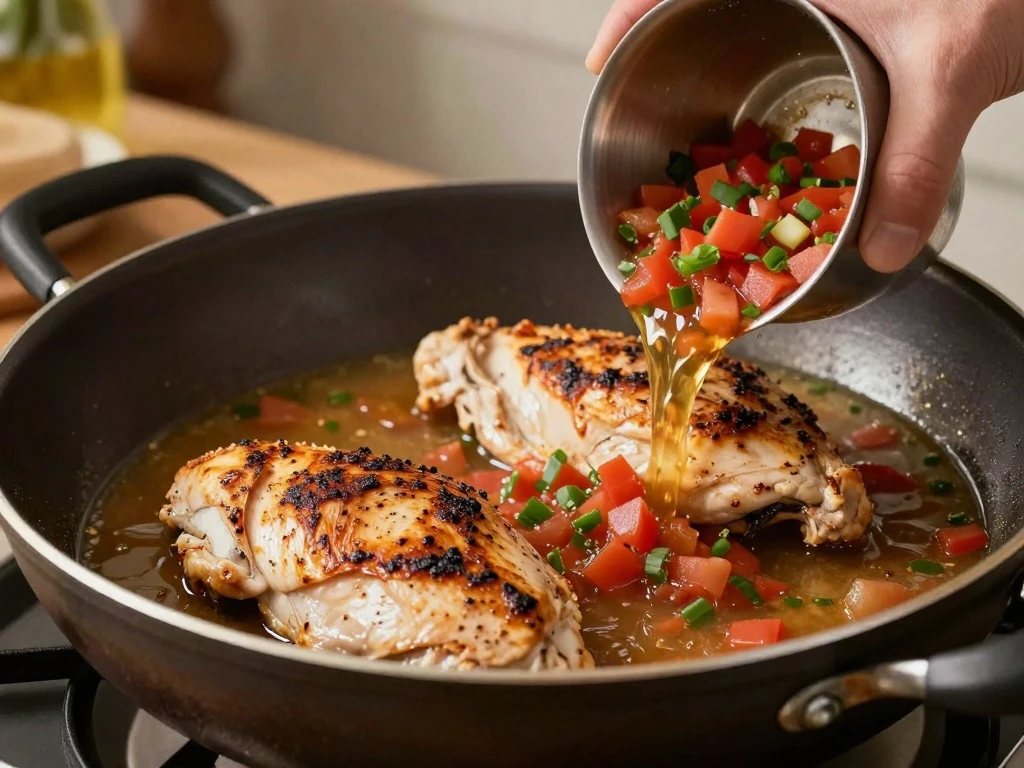 Chicken breasts browning in a skillet before simmering with salsa