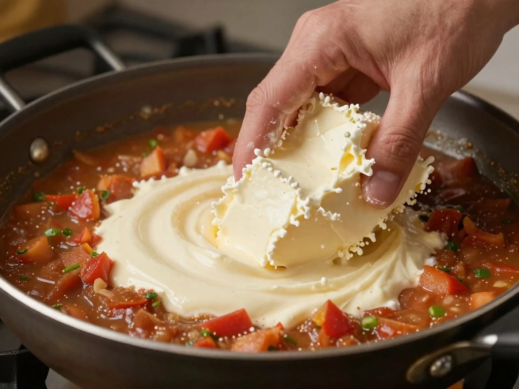 Cream cheese melting into salsa to make the creamy chicken sauce
