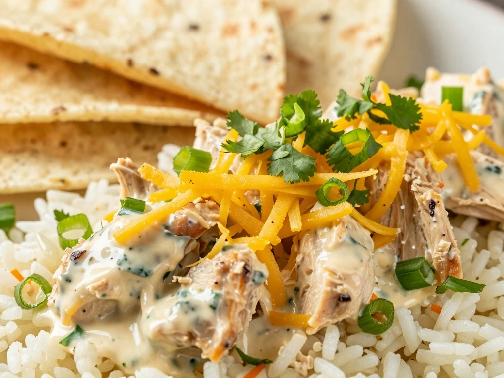 Creamy salsa chicken finished with cheese, cilantro, and green onions