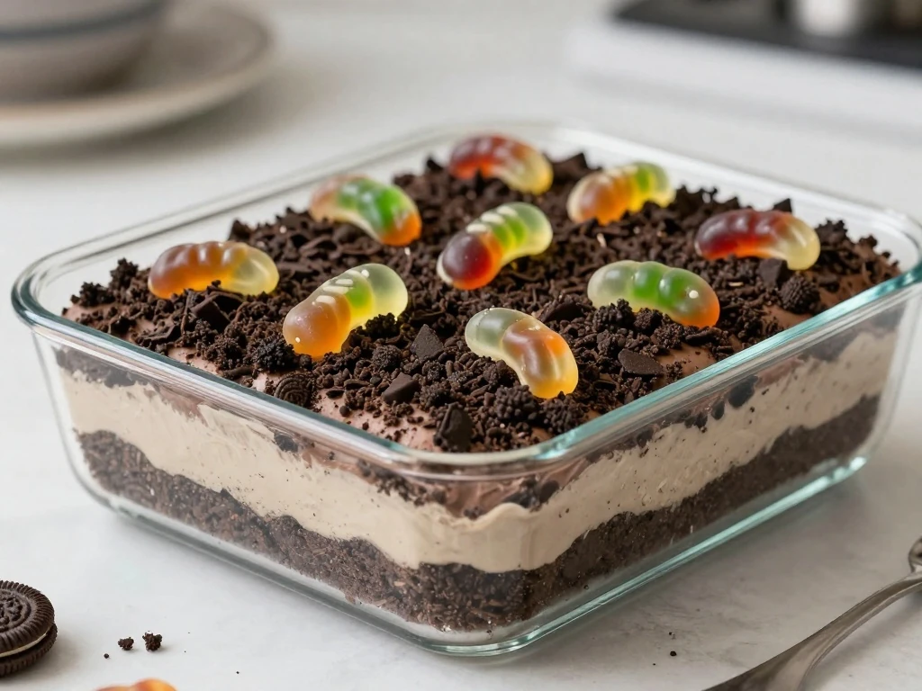 Easy Dirt Cake with Oreo crumbs and gummy worms in a glass dish