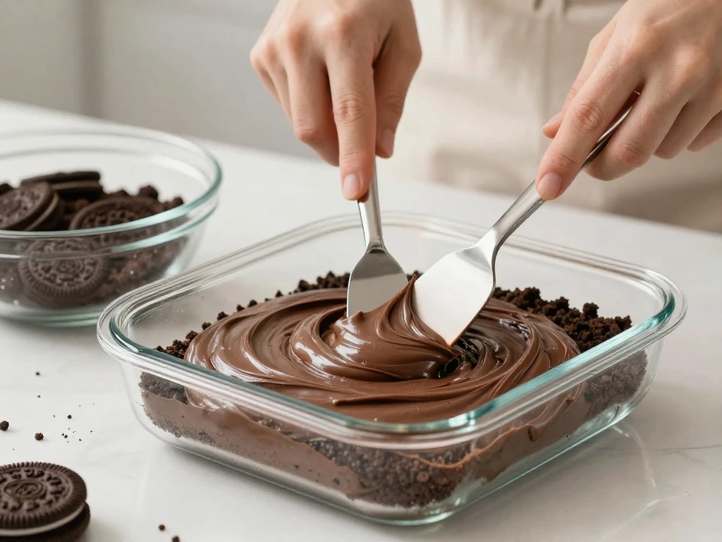 Spreading chocolate filling over the cookie crust for Dirt Cake