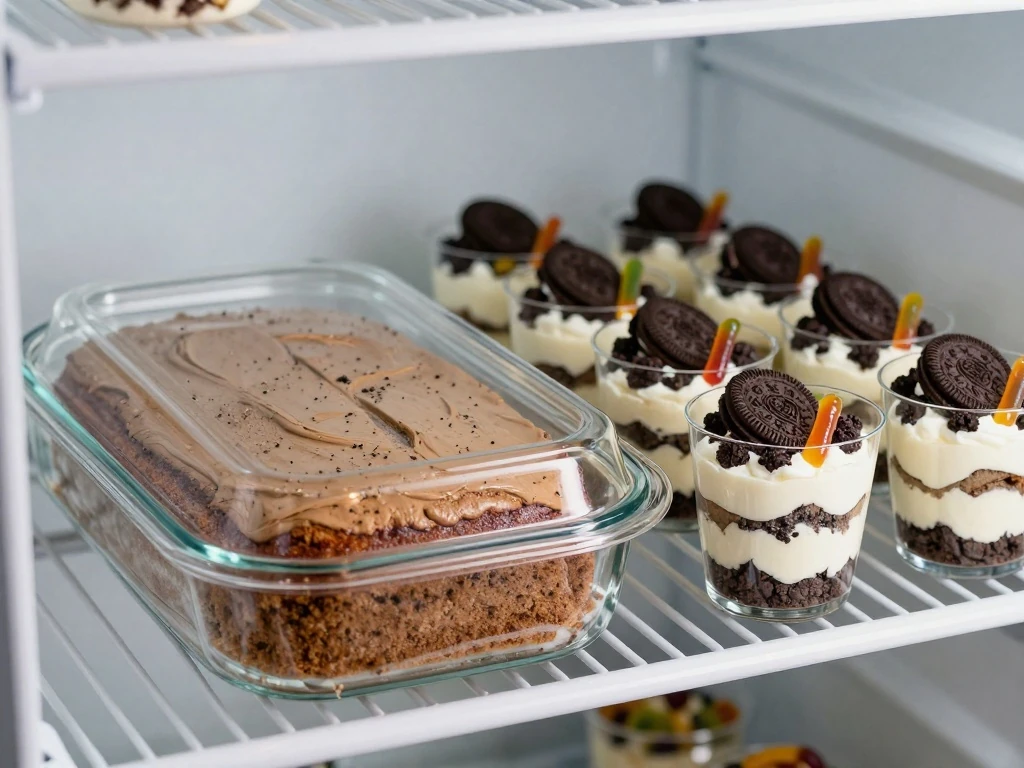 Chilled Dirt Cake ready for storage and serving