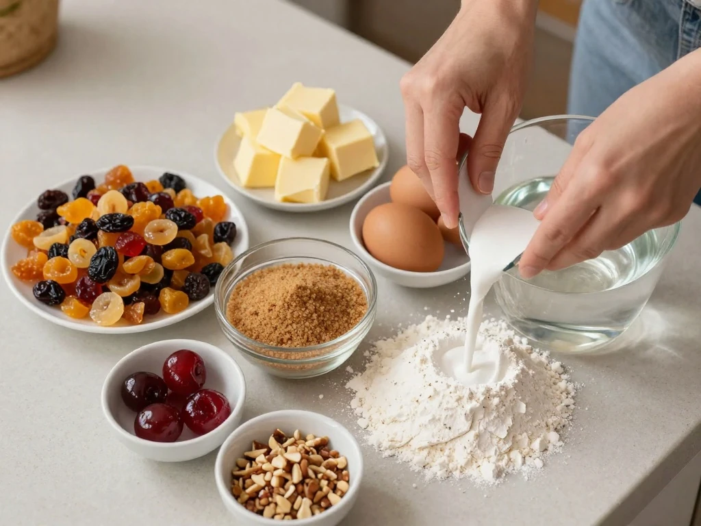 Ingredients for an easy boiled fruit cake recipe arranged on a counter