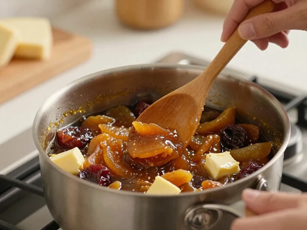 Simmering dried fruit with butter and brown sugar for fruit cake
