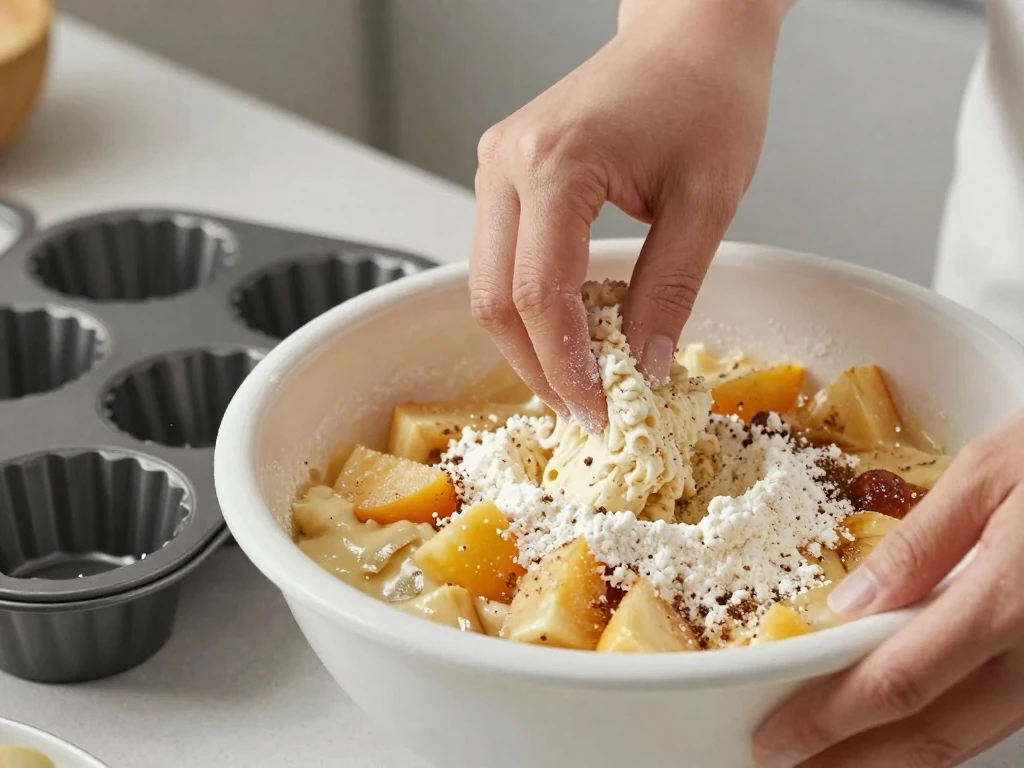 Folding flour into cooled boiled fruit mixture for cake batter