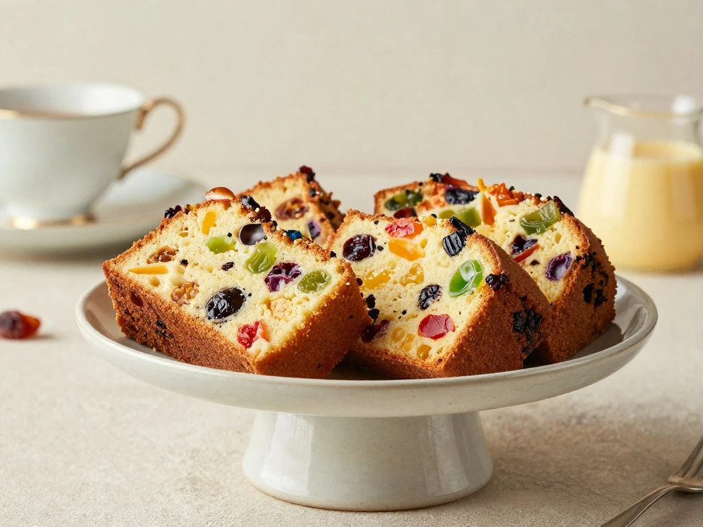 Sliced easy fruit cake served with tea and custard