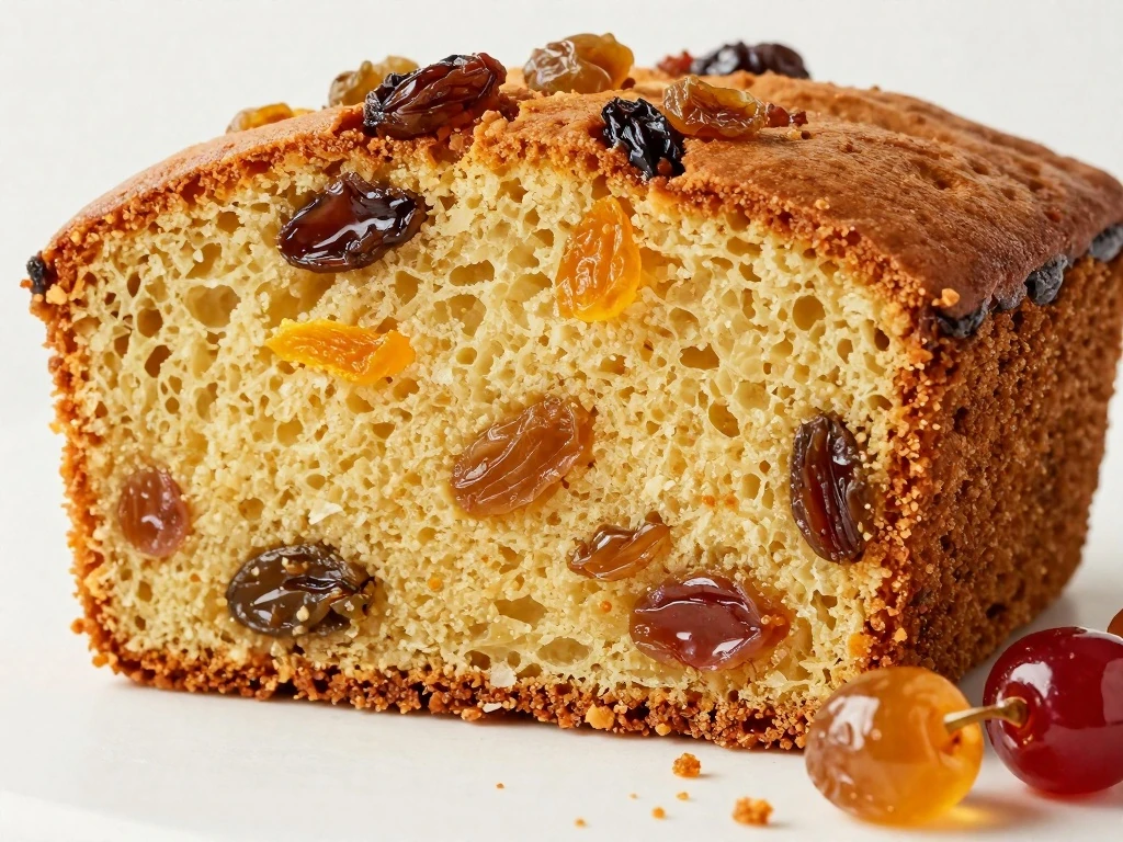 Close-up slice showing the moist crumb and dried fruit in fruit cake