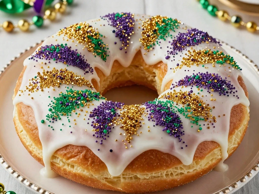 Finished homemade easy King Cake decorated in Mardi Gras colors