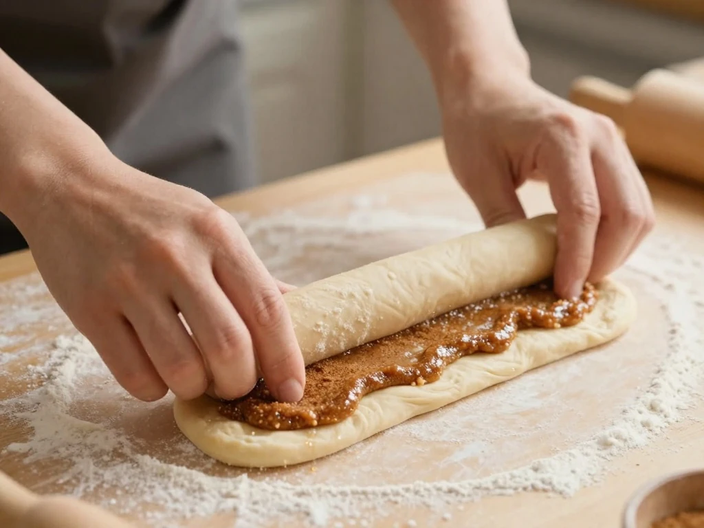 Rolling cinnamon filling into the King Cake dough
