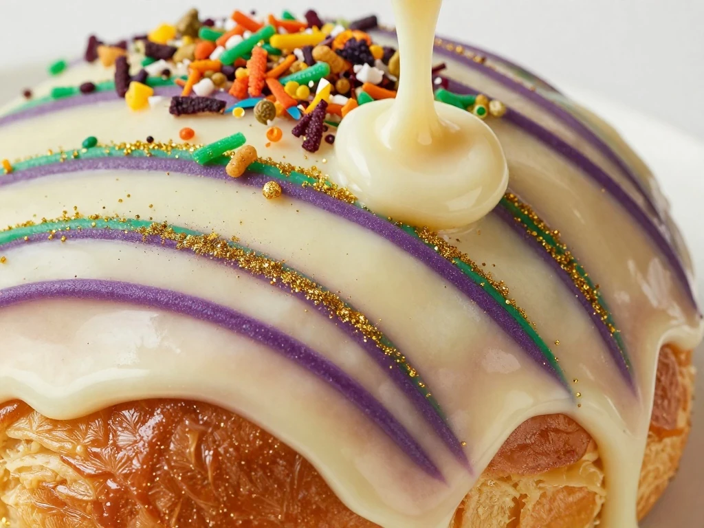 Purple green and gold sugar decorating a glazed King Cake