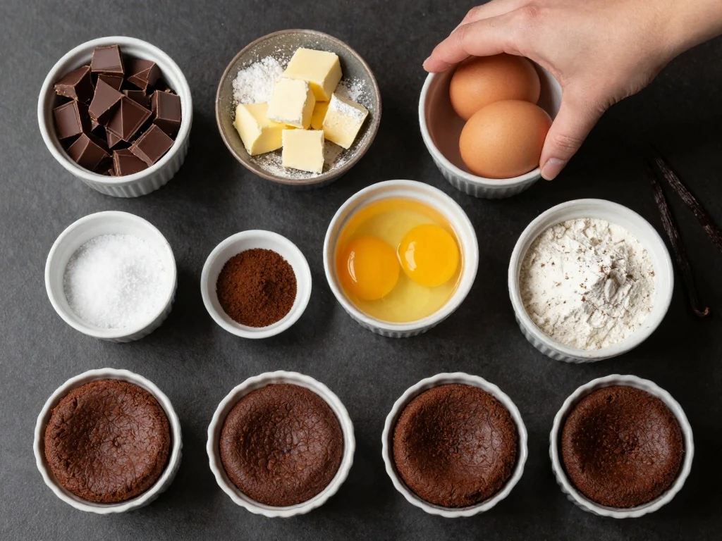 Flatlay of measured chocolate lava cake ingredients with cocoa-dusted ramekins.