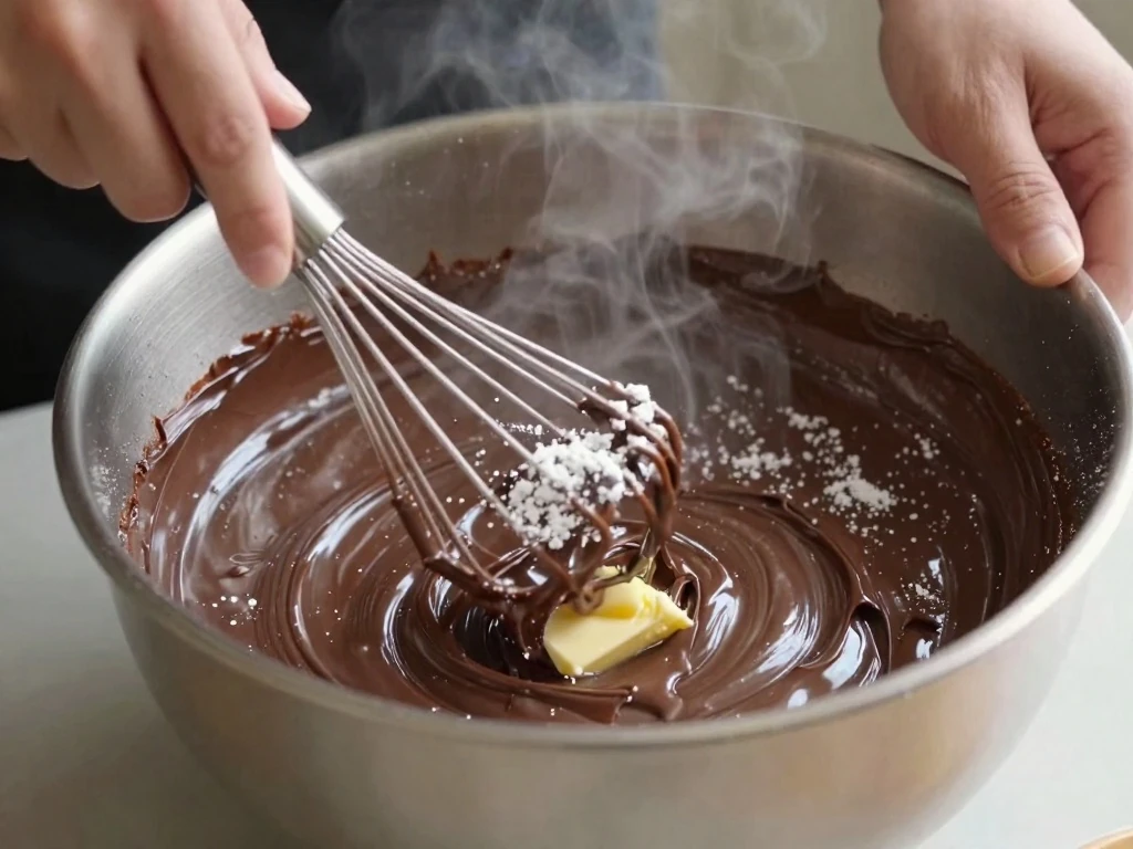 Melted chocolate mixture being whisked over a double boiler for lava cakes.