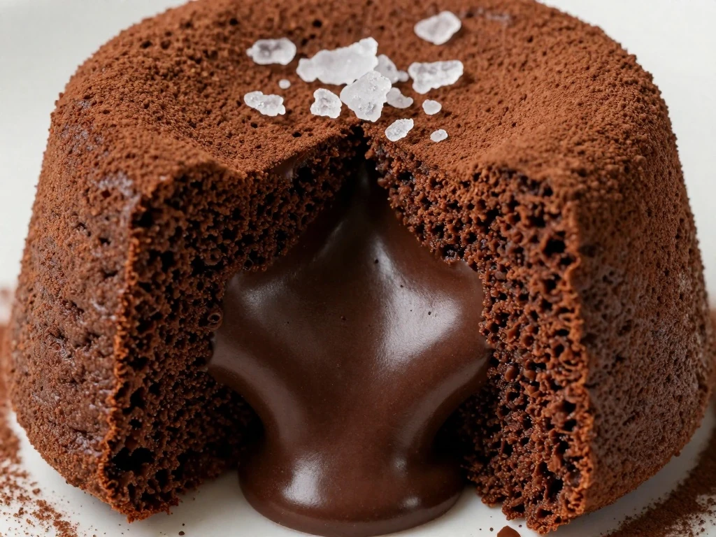Close-up of molten chocolate center flowing from a lava cake with cocoa dusting.