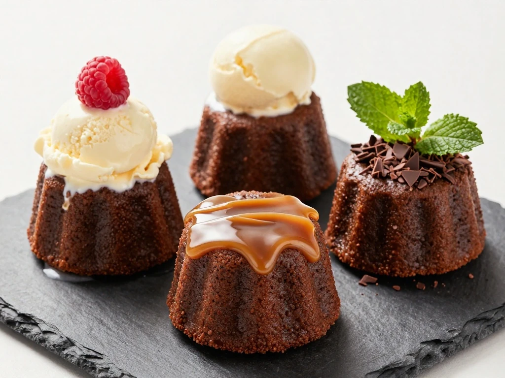 Assorted lava cake toppings including ice cream, caramel, and mint chocolate shavings.