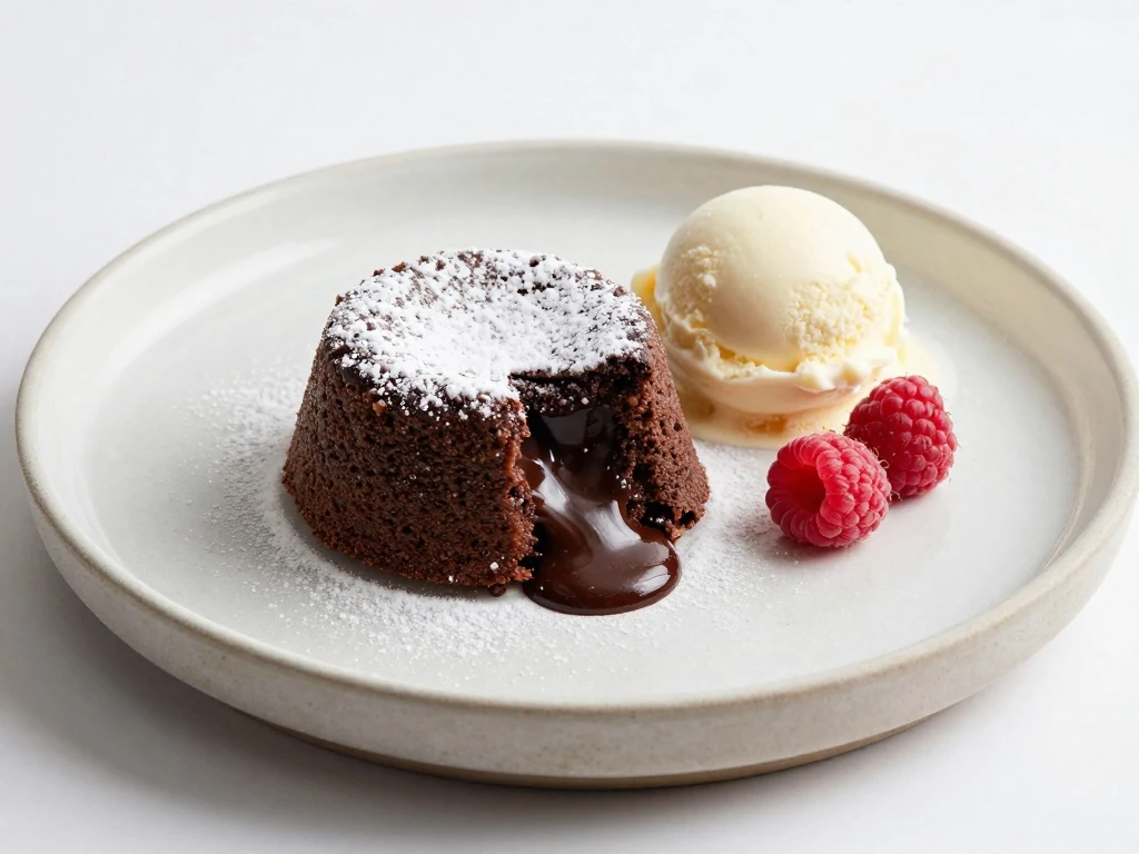 Plated chocolate lava cake with molten center, ice cream, and raspberries.
