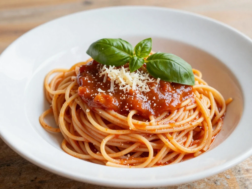 Spaghetti served with homemade basic red sauce and fresh basil