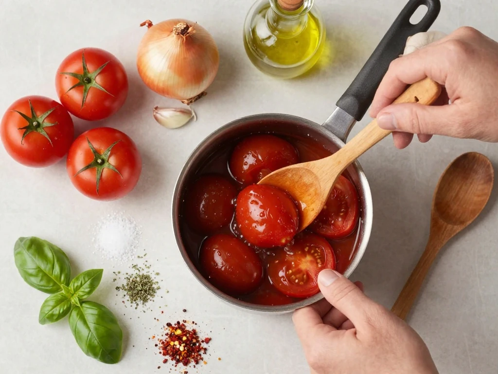 Ingredients for easy basic red sauce arranged on a kitchen counter