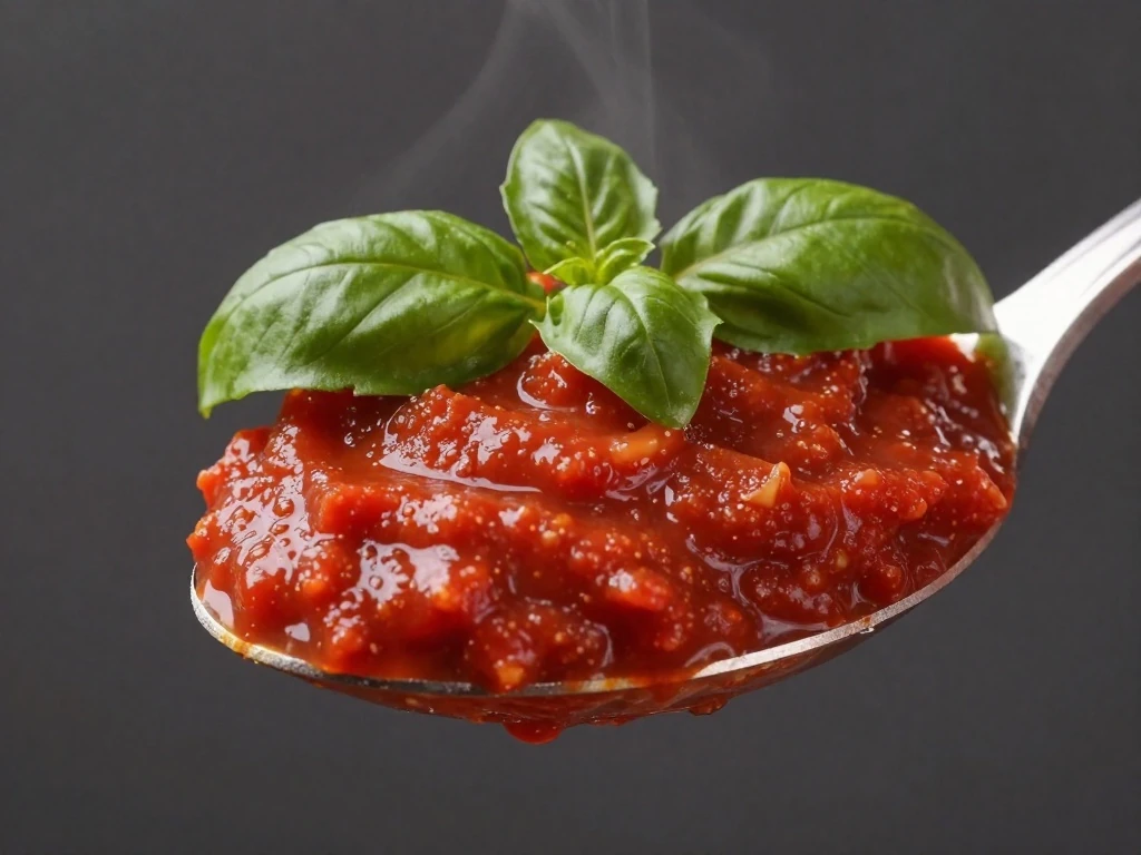Close-up of tomato red sauce with fresh basil garnish
