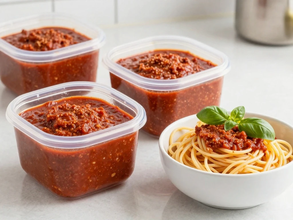 Stored homemade red sauce ready for reheating and serving