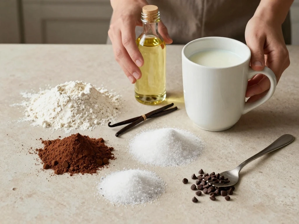 Ingredients arranged for an easy chocolate mug cake recipe