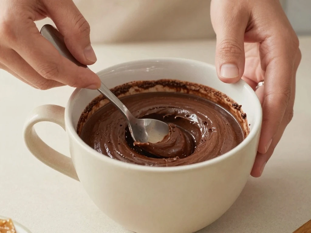 Chocolate mug cake batter being stirred in a microwave-safe mug