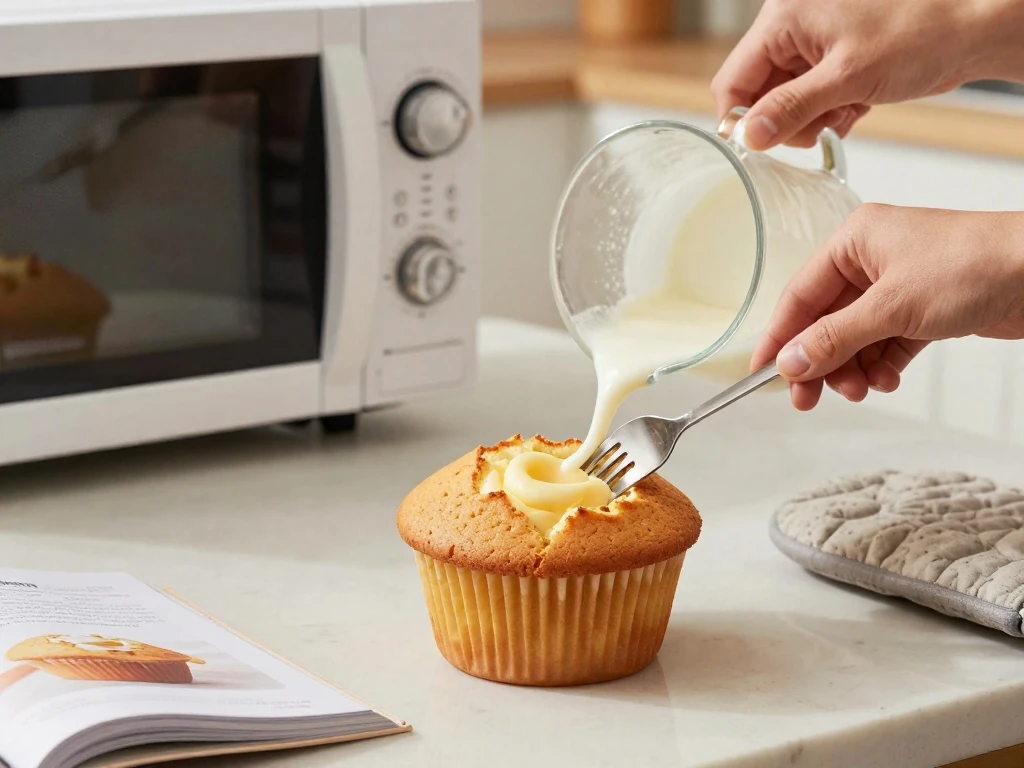 Checking the texture and cooking time of a mug cake
