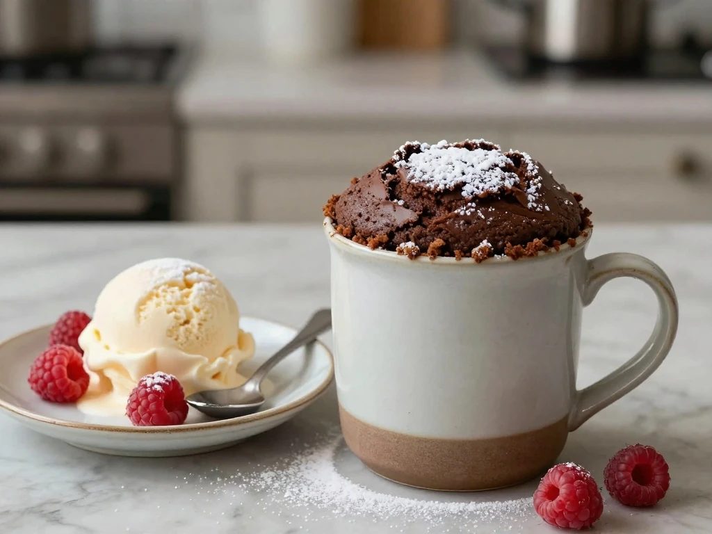 Warm chocolate mug cake served with ice cream and berries