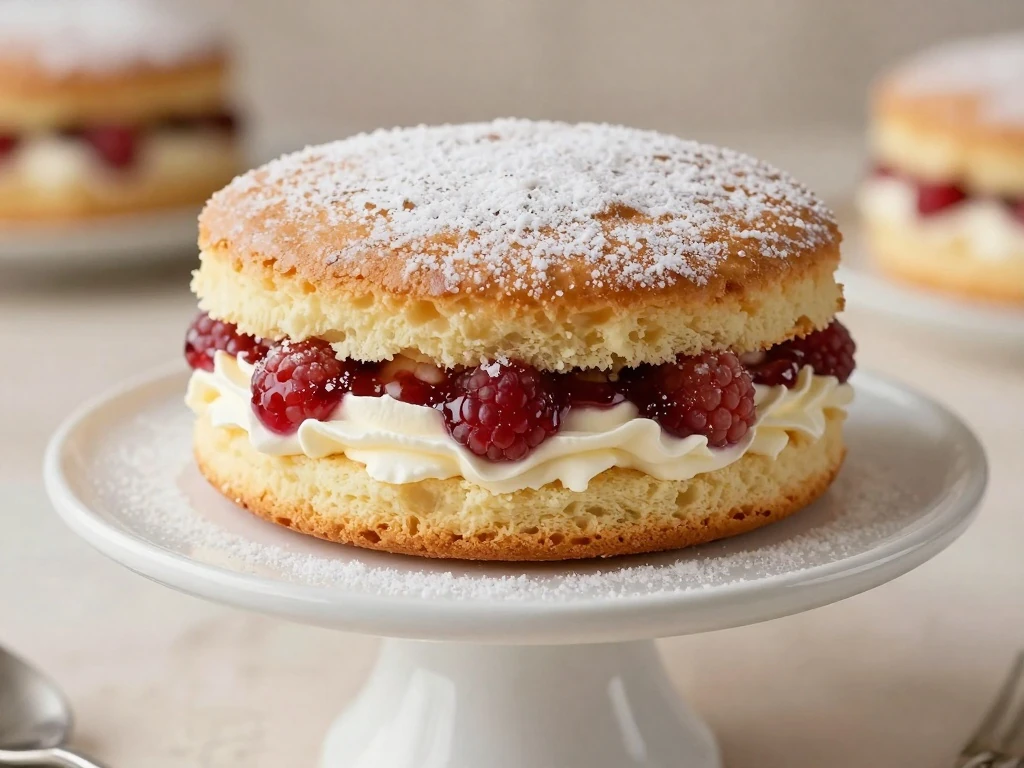Easy sponge cake filled with raspberry jam and whipped cream