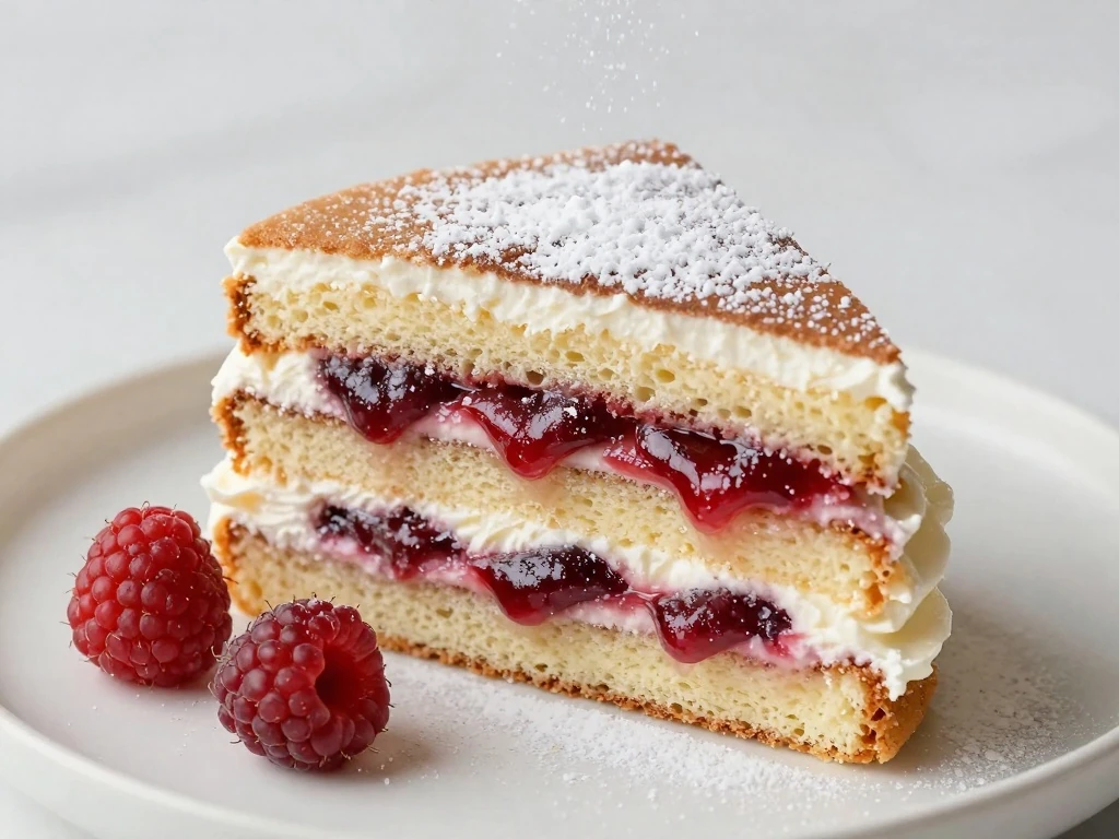 Slice of sponge cake with jam and whipped cream