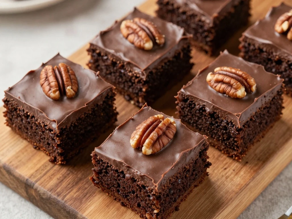 Moist chocolate Texas sheet cake squares with fudgy pecan frosting