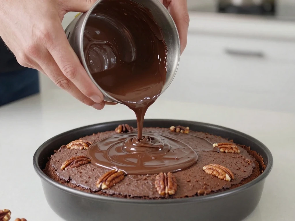 Pouring warm chocolate frosting over a Texas sheet cake