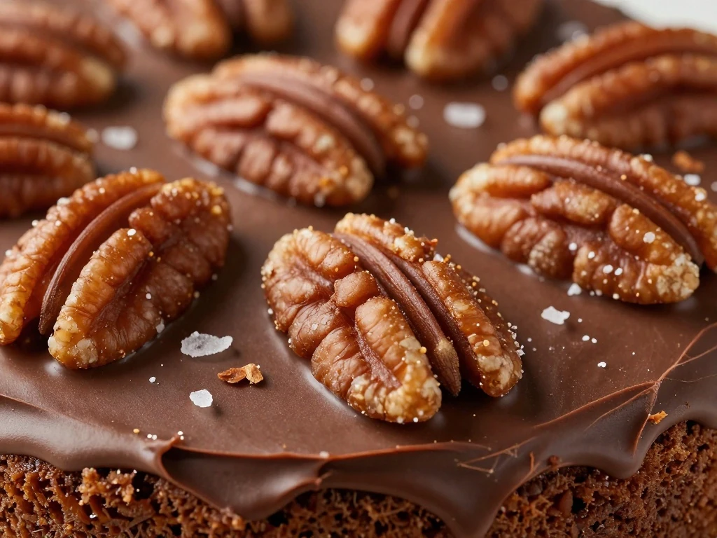 Toasted pecans and glossy frosting on chocolate sheet cake