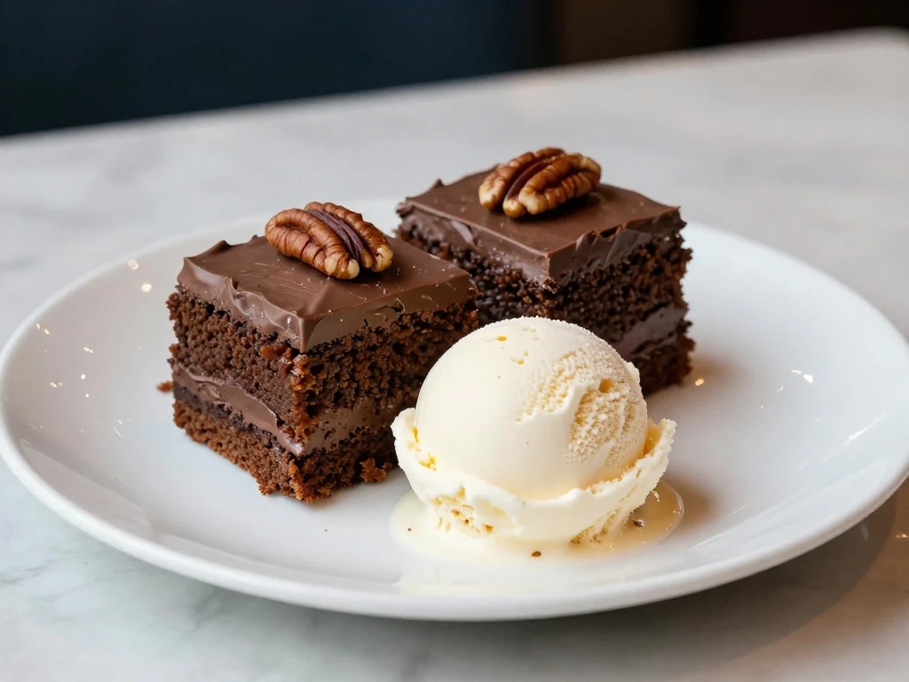 Texas sheet cake served with vanilla ice cream