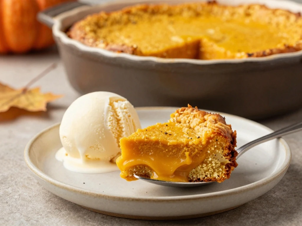 Warm pumpkin dump cake with yellow cake mix served with vanilla ice cream