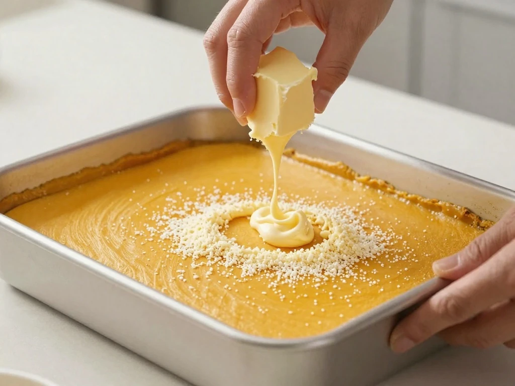 Sprinkling yellow cake mix over pumpkin layer for dump cake