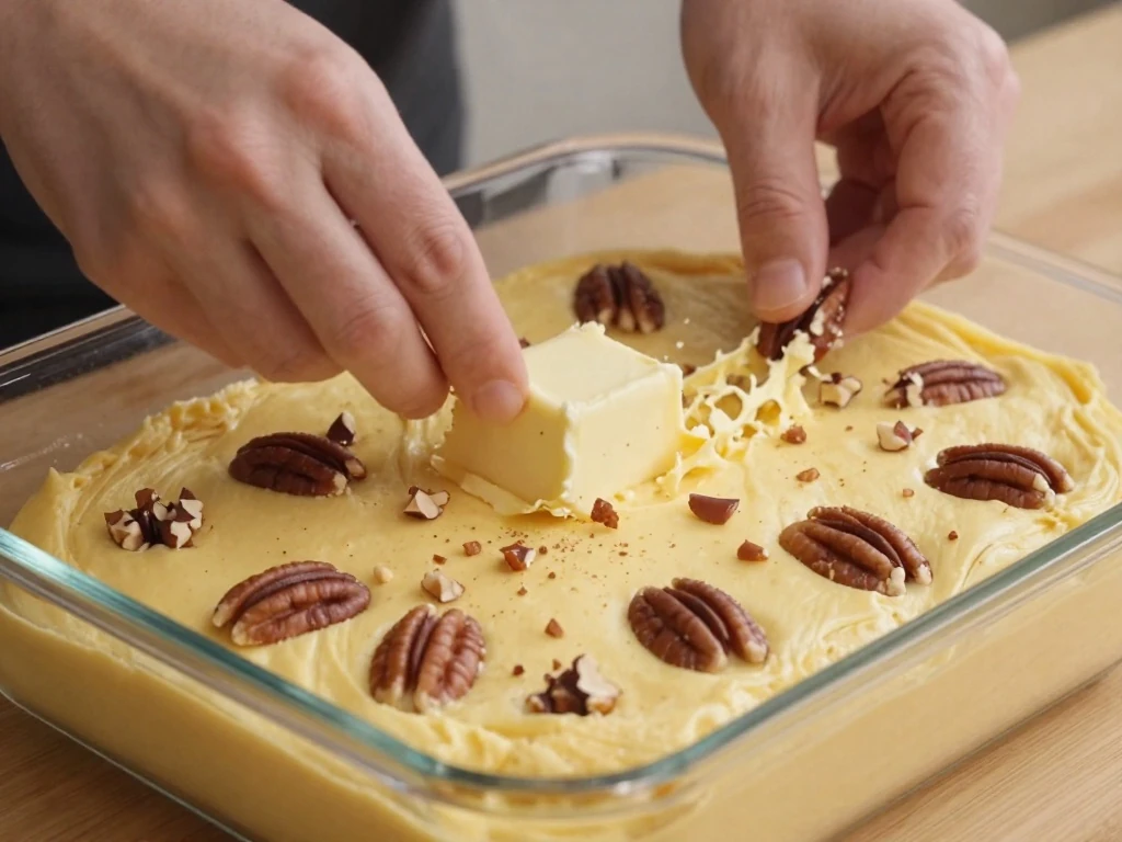 Butter and chopped pecans covering yellow cake mix before baking