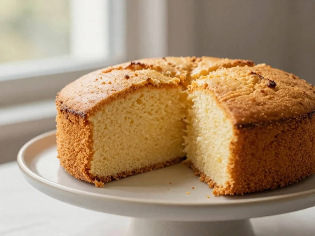 Moist homemade eggless vanilla cake with one slice showing the tender crumb