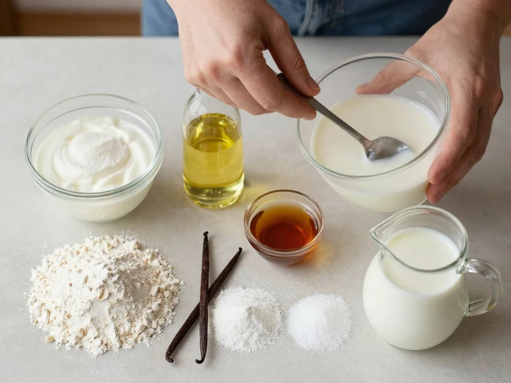 Measured ingredients for an easy eggless cake recipe