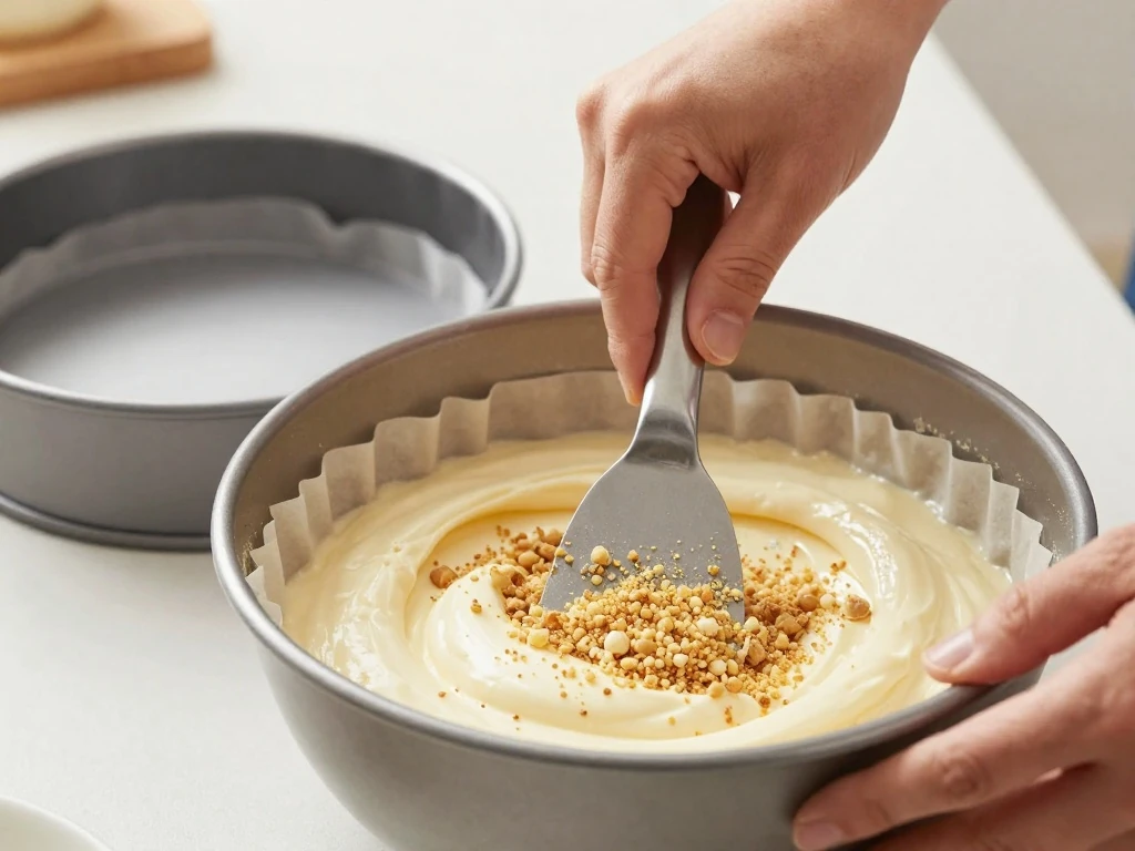 Folding eggless vanilla cake batter before baking