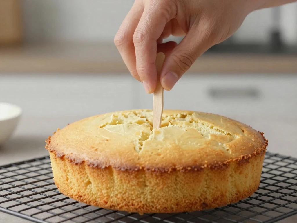 Checking an eggless cake for doneness with a toothpick