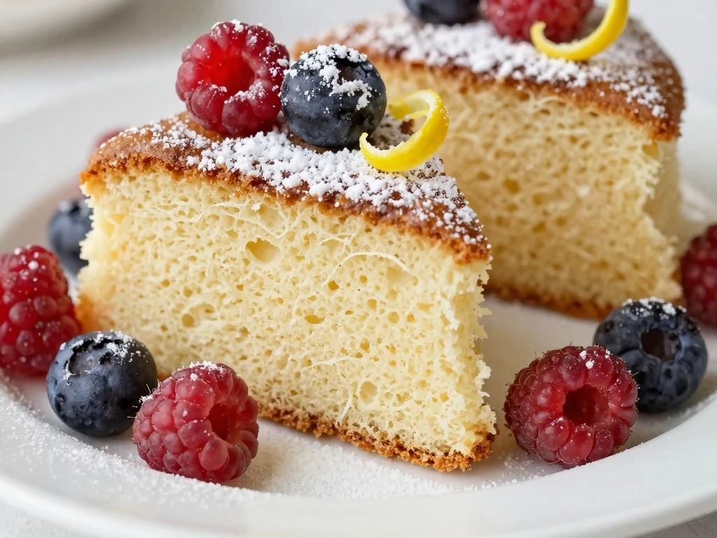 Eggless vanilla cake served with berries and powdered sugar