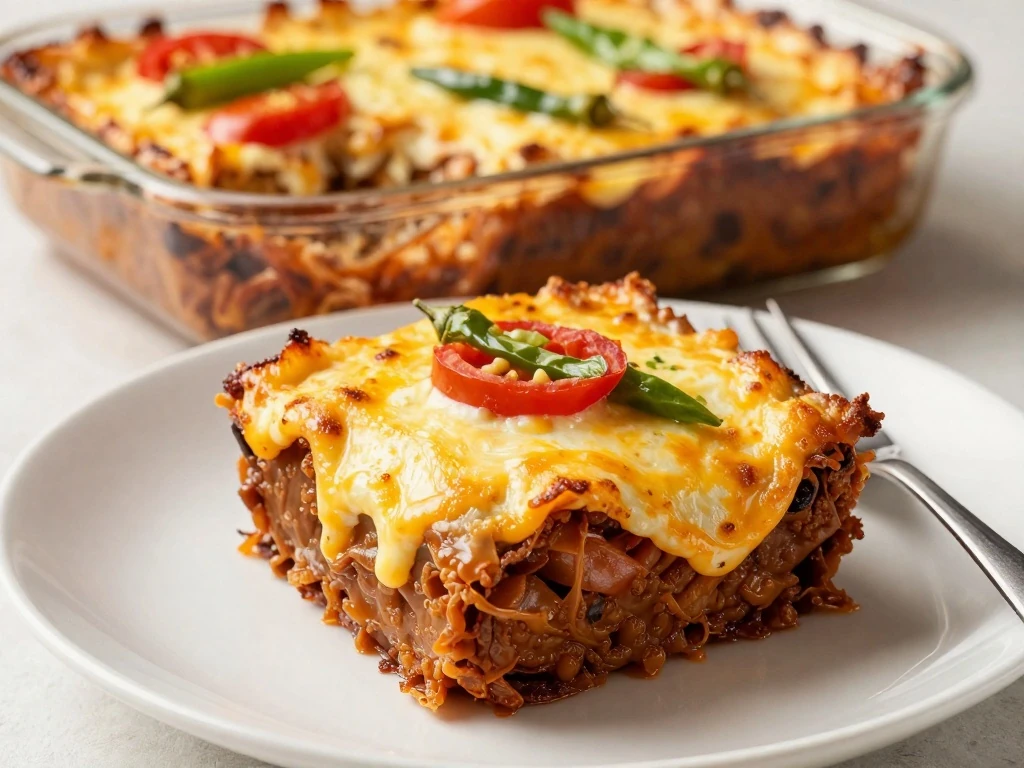 Serving of cheesy Eggs Rotel Bake with tomatoes and green chilies
